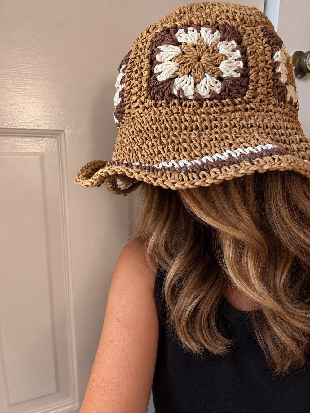 Women’s Crochet Bucket Hat in Brown and Cream